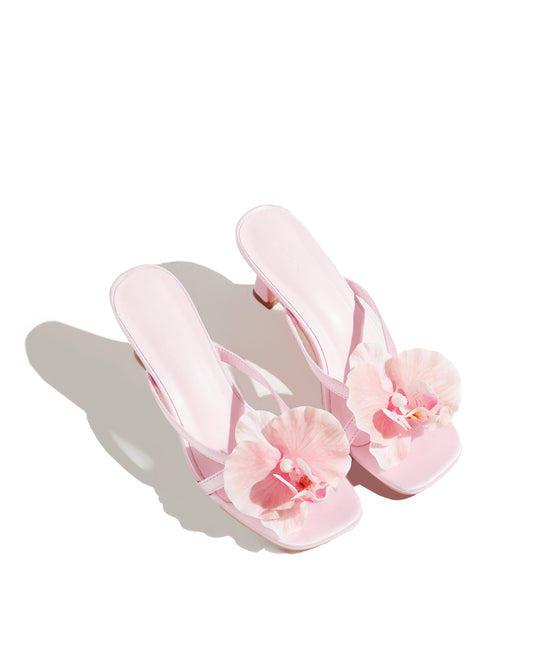 Amélie - Pink Satin Heel with Pink Orchid Flower