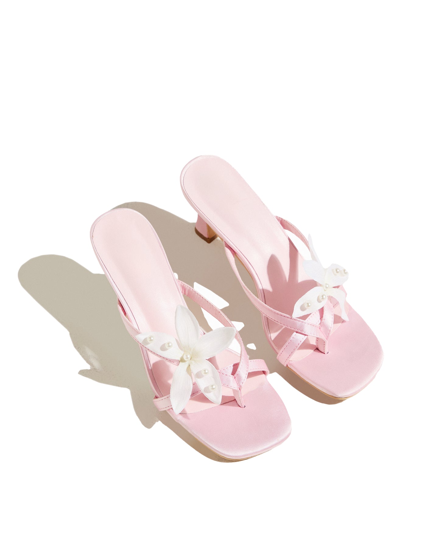 Luna - Pink Satin Heel with Flower and Pearls