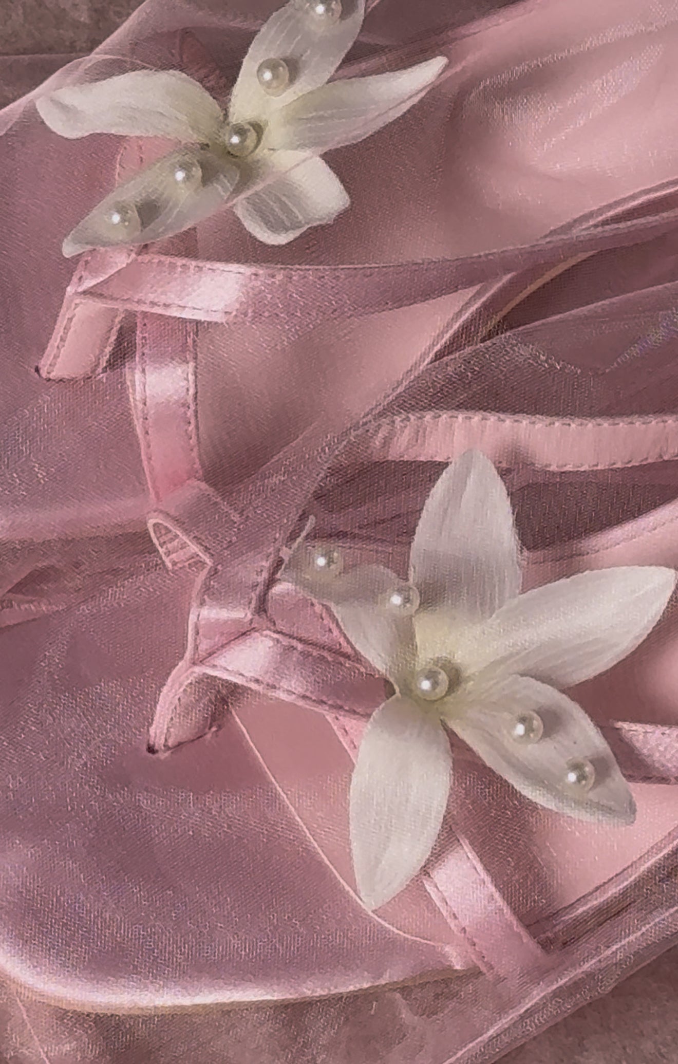 Luna - Pink Satin Heel with Flower and Pearls