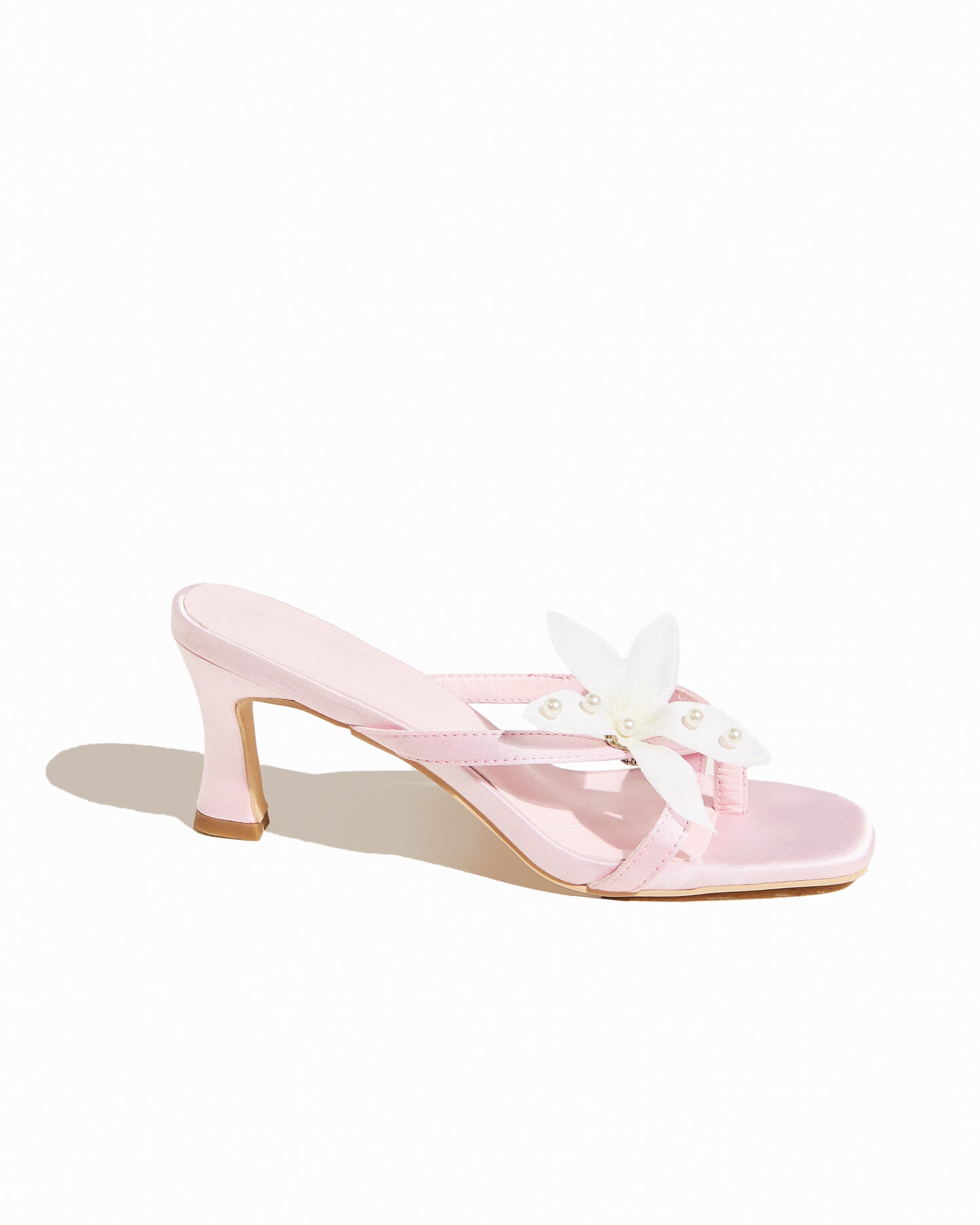 Luna - Pink Satin Heel with Flower and Pearls
